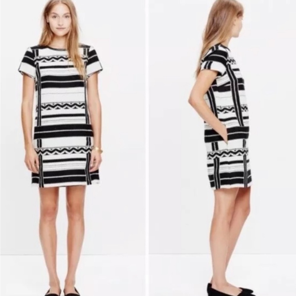 Madewell black and white Aztec mini dress with leather trim, size 4